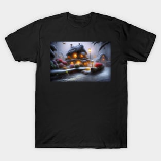 Magical Fantasy House with Lights in a Snowy Scene, Fantasy Cottagecore artwork T-Shirt